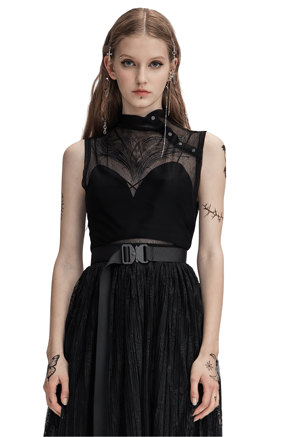 Elegant black mesh sleeveless top with high neck and metal buckle, displaying a punk rock style and flattering fit.