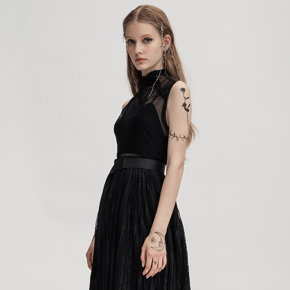 Elegant black sleeveless mesh top with high neck and stylish belt, featuring edgy punk rock vibes and tattoo details.