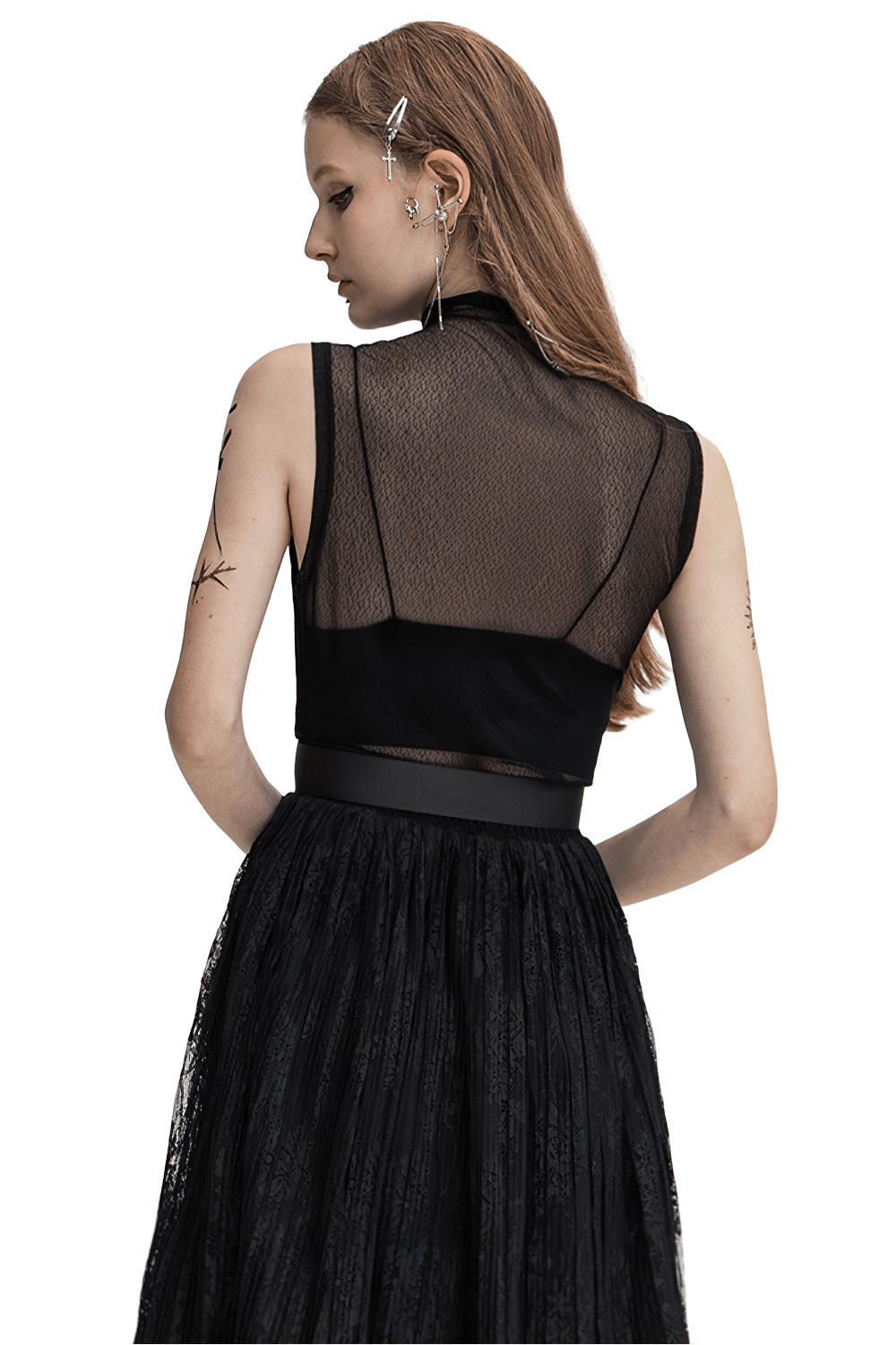 Elegant black mesh sleeveless top with high neck, showcasing a punk rock style and delicate fabric details.