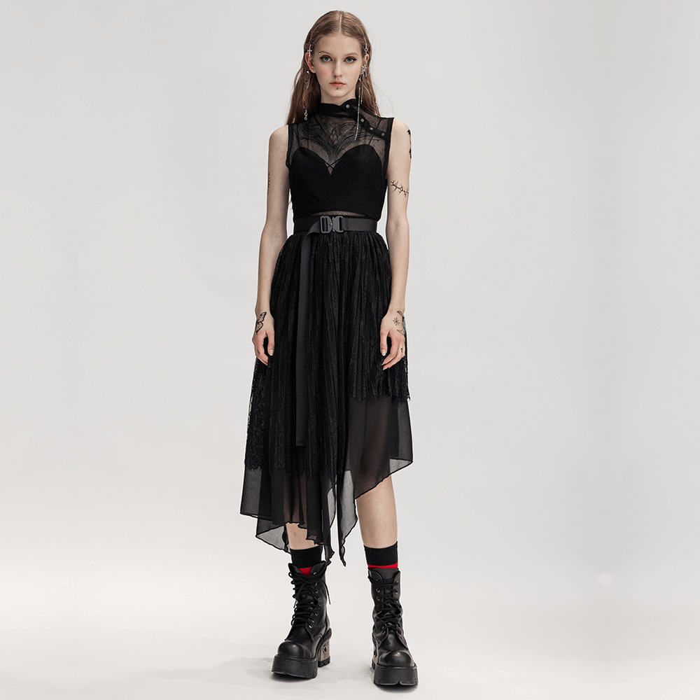 Elegant black mesh sleeveless top with high neck, layered skirt, and punk rock boots for a daring outfit.
