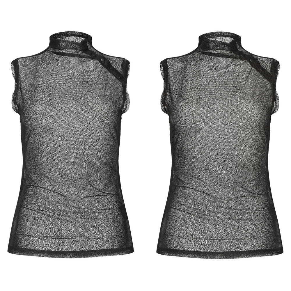 Elegant black mesh sleeveless top with high neck and slant placket design, perfect for punk rock style.