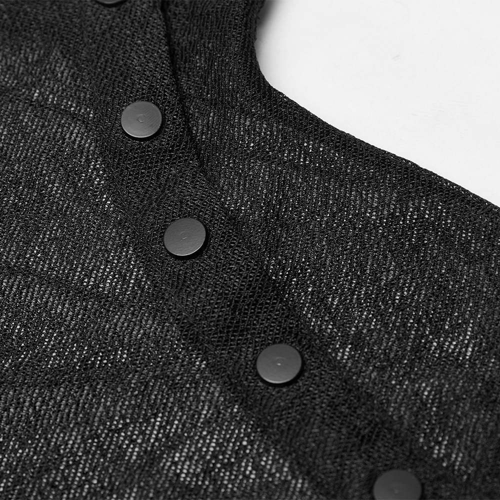 Close-up of elegant black mesh top with high neck and slant placket featuring black metal buttons.