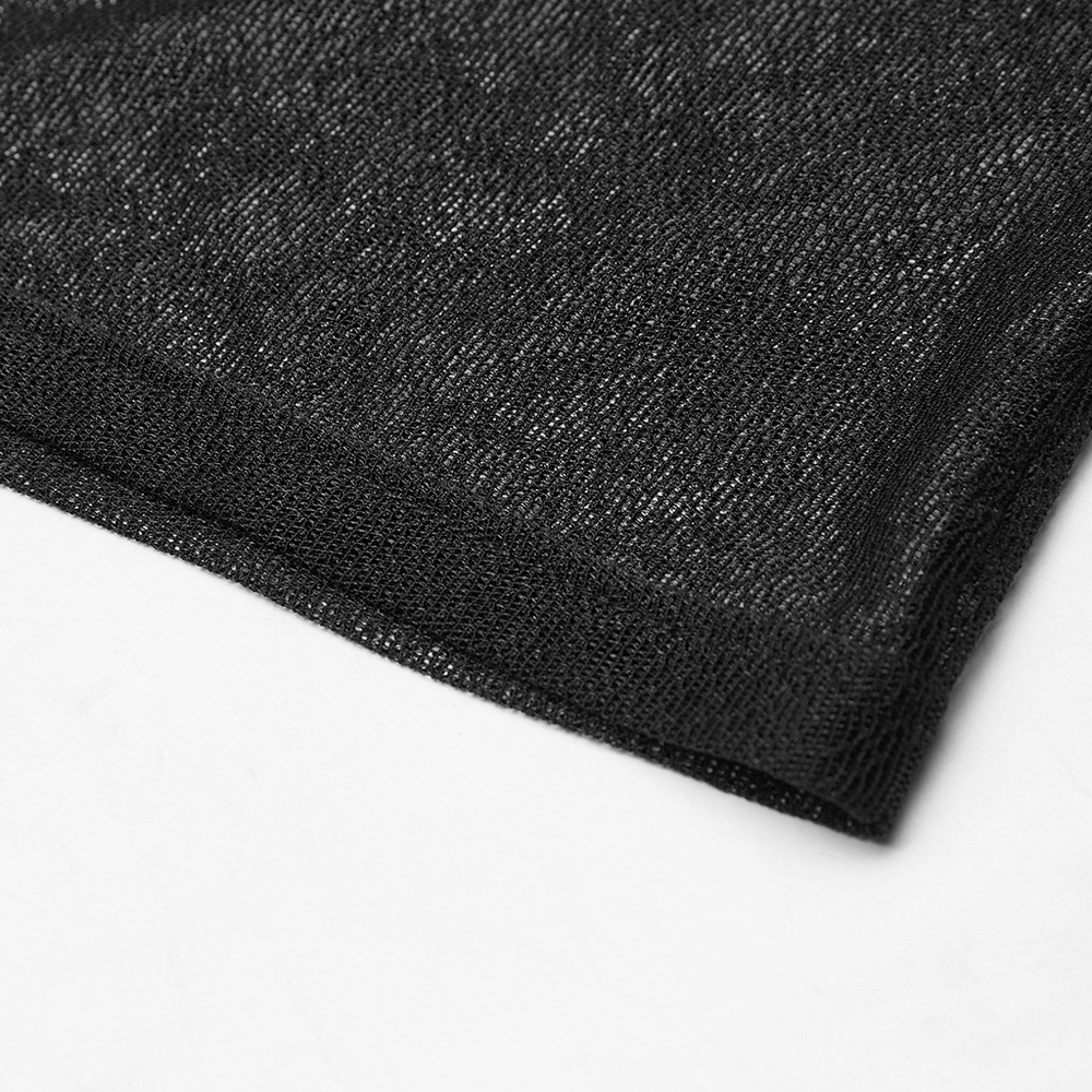 Close-up of elegant black mesh fabric showing delicate texture and quality for a punk rock top.