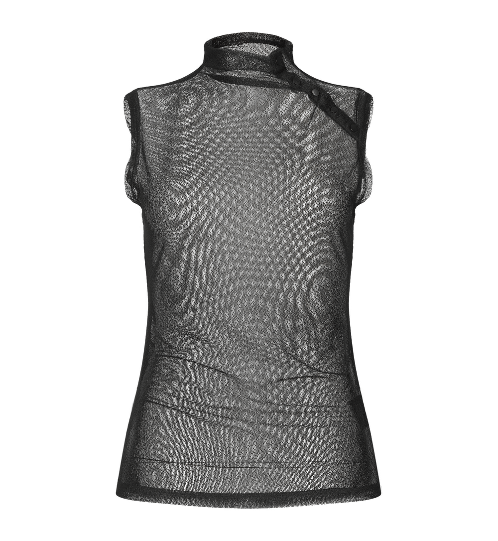 Elegant black mesh sleeveless top with high neck and slant placket design, perfect for punk rock style.
