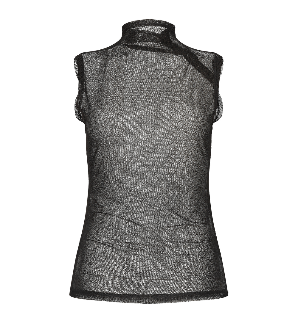 Elegant black mesh sleeveless top with high neck and slant placket for a punk rock style.