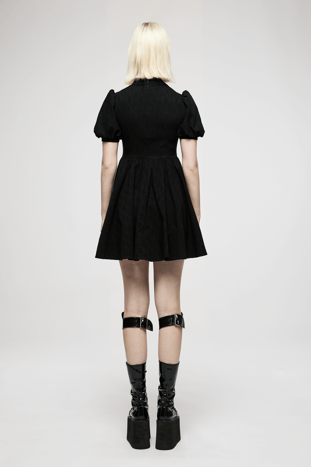 Elegant Gothic Black Puff-Sleeve Jacquard Mini Dress