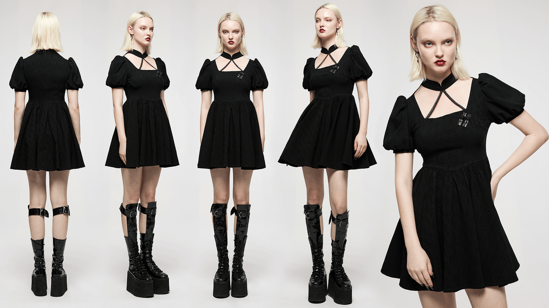 Elegant Gothic Black Puff-Sleeve Jacquard Mini Dress