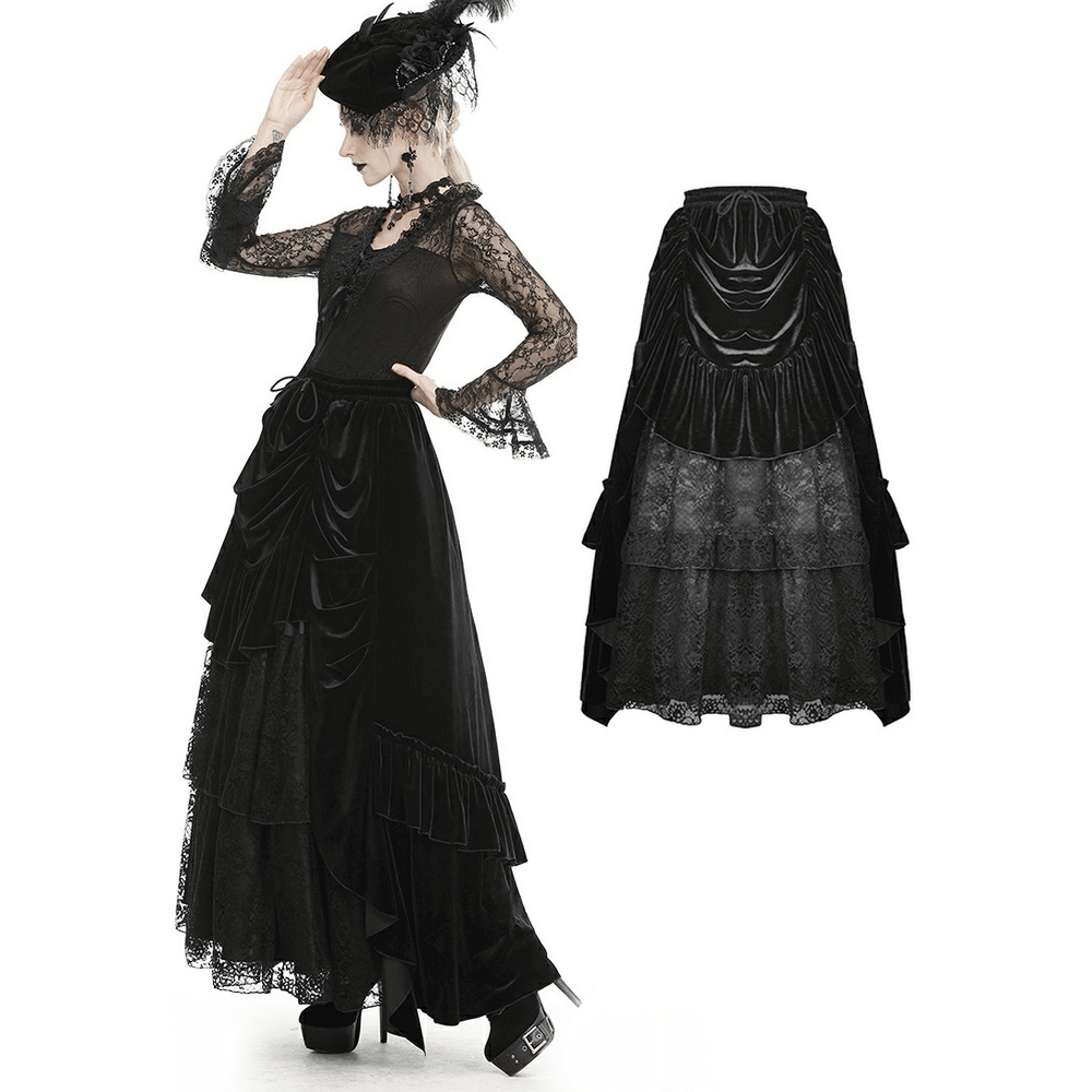 Elegant gothic black velvet and lace long skirt, featuring intricate layering and lace detailing for a stunning look.