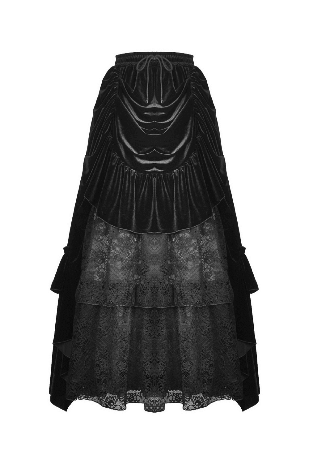 Elegant gothic black velvet and lace long skirt with layered design and intricate lace detailing.