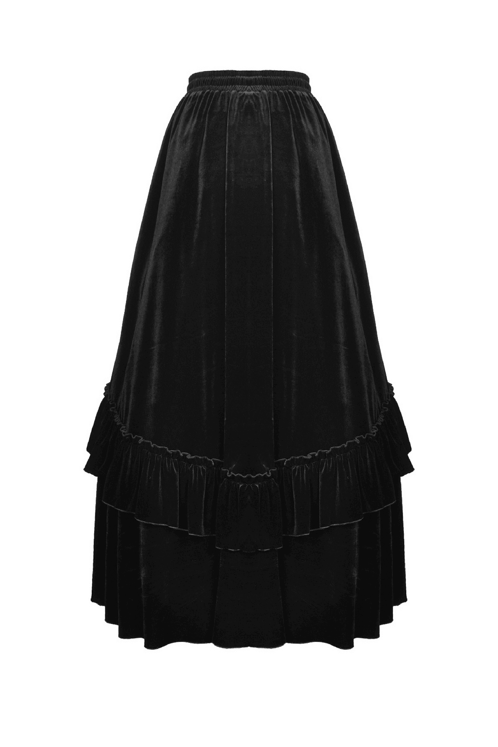 Elegant gothic black velvet skirt with layered lace detailing and ruffled hem, perfect for unique fashion statements.
