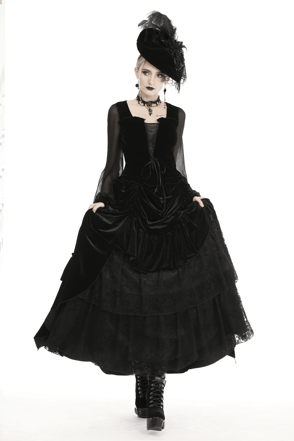 Elegant Gothic Black Velvet and Lace Long Skirt