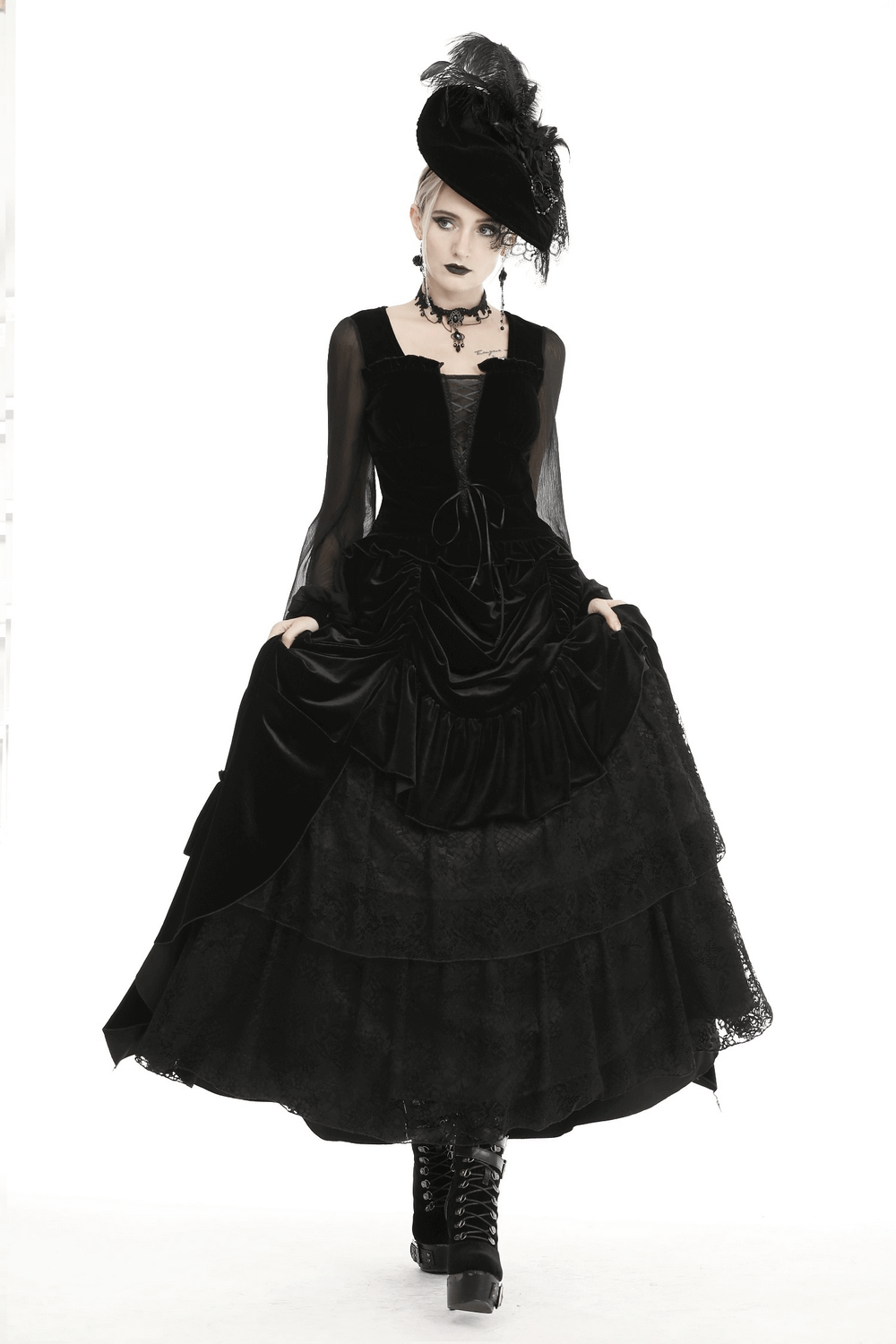 Elegant gothic black velvet and lace skirt with a layered design, perfect for making a bold fashion statement.