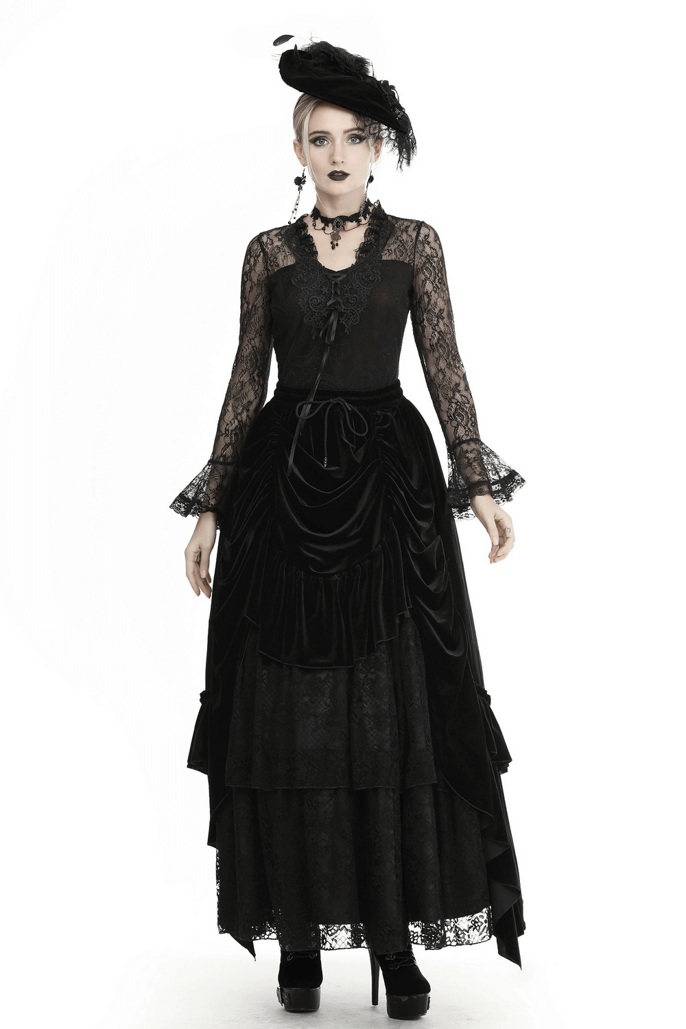 Elegant gothic black velvet and lace long skirt with intricate detailing, perfect for a statement look.