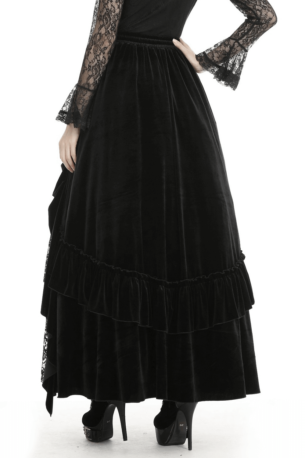 Elegant black velvet and lace long skirt with ruffled hem, perfect for a gothic-inspired wardrobe.