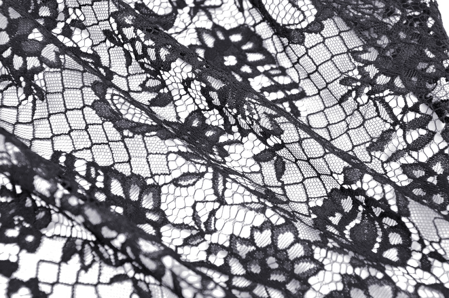 Intricate black lace detail showcasing floral patterns and texture for gothic inspired fashion.