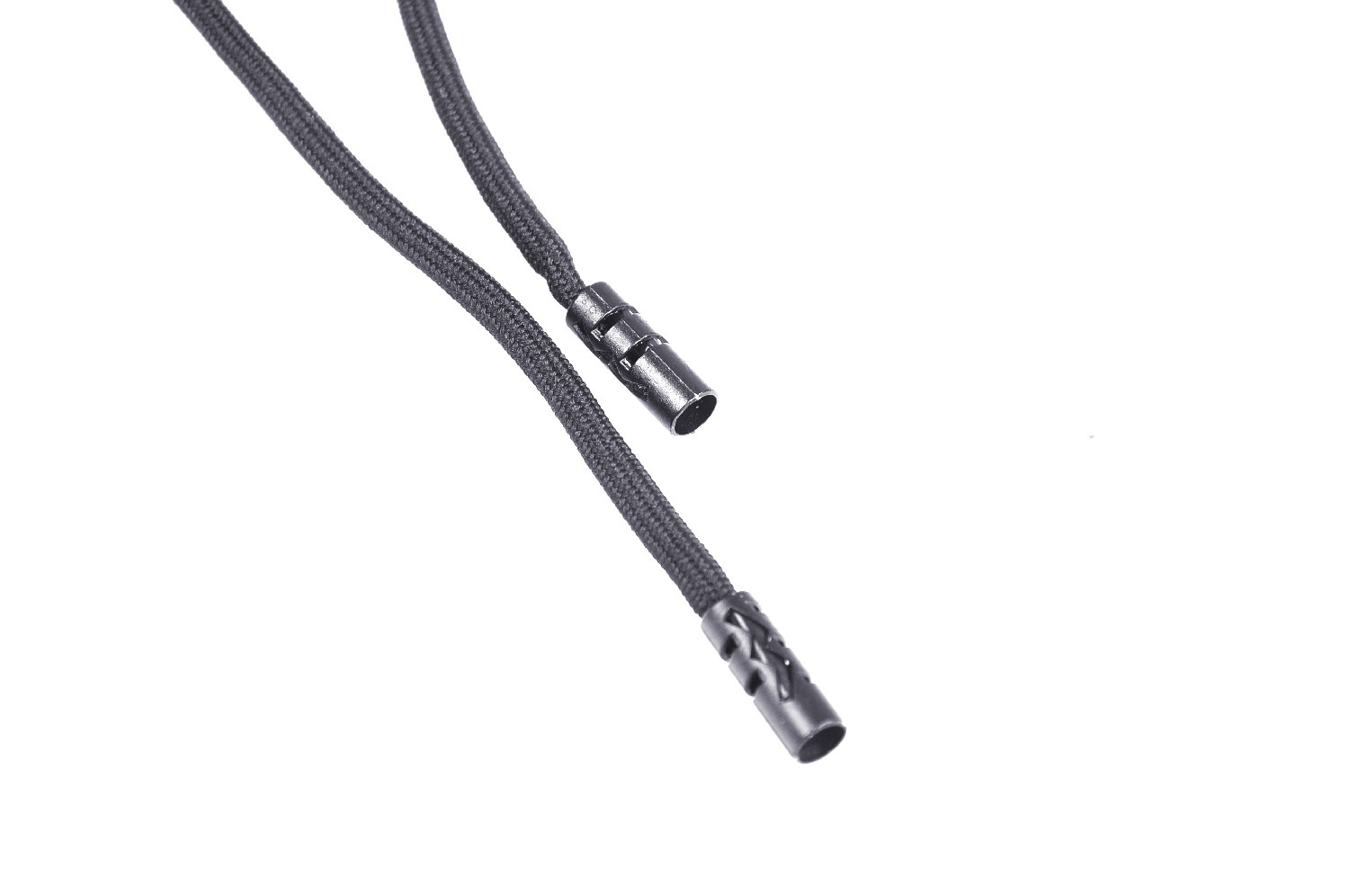 Close-up of black braided cord with metal aglets for stylish accessories.