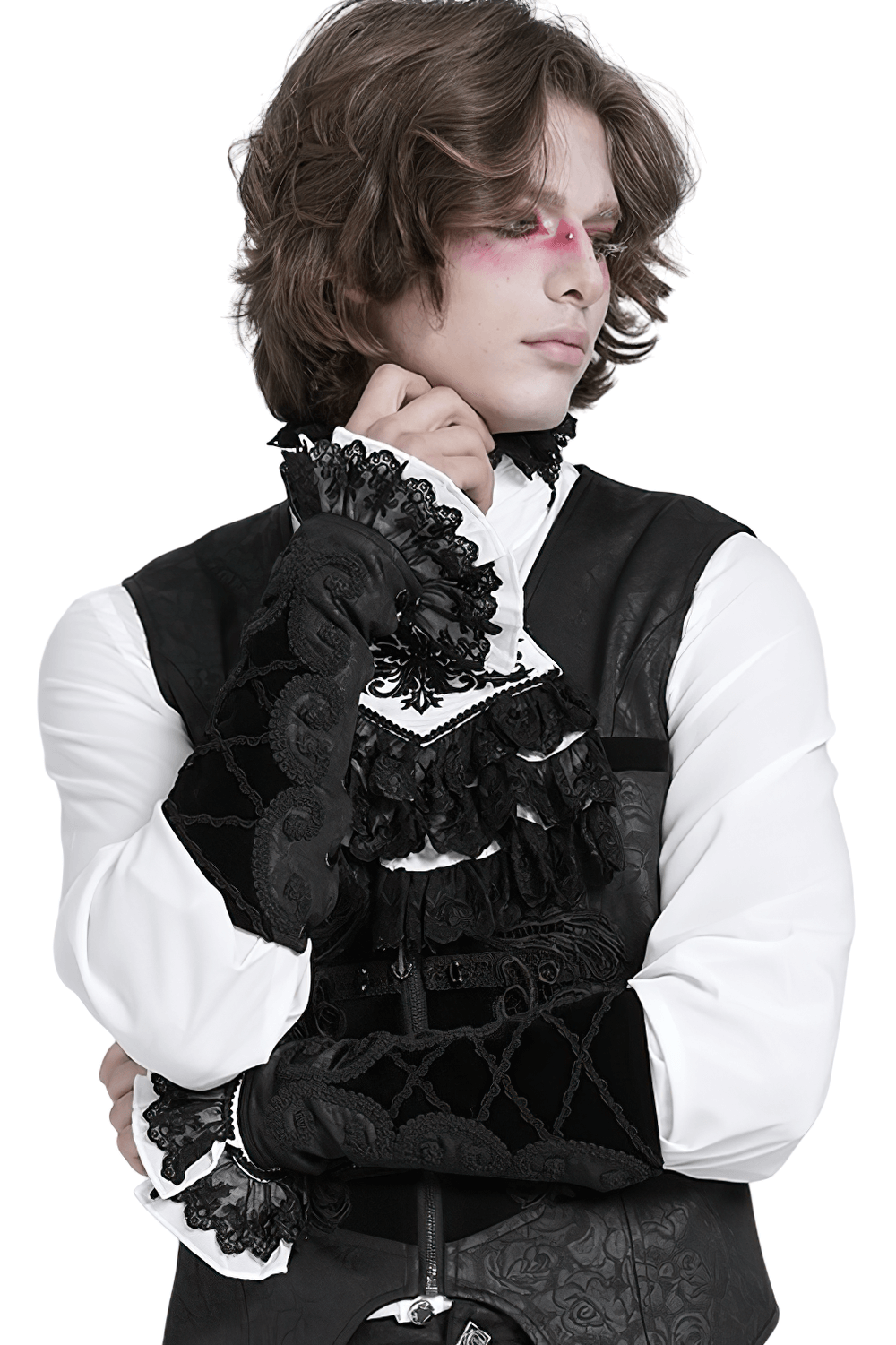 Elegant Gothic black velvet arm bracelet with lace ruffles, perfect for dark romantic and Victorian styles.
