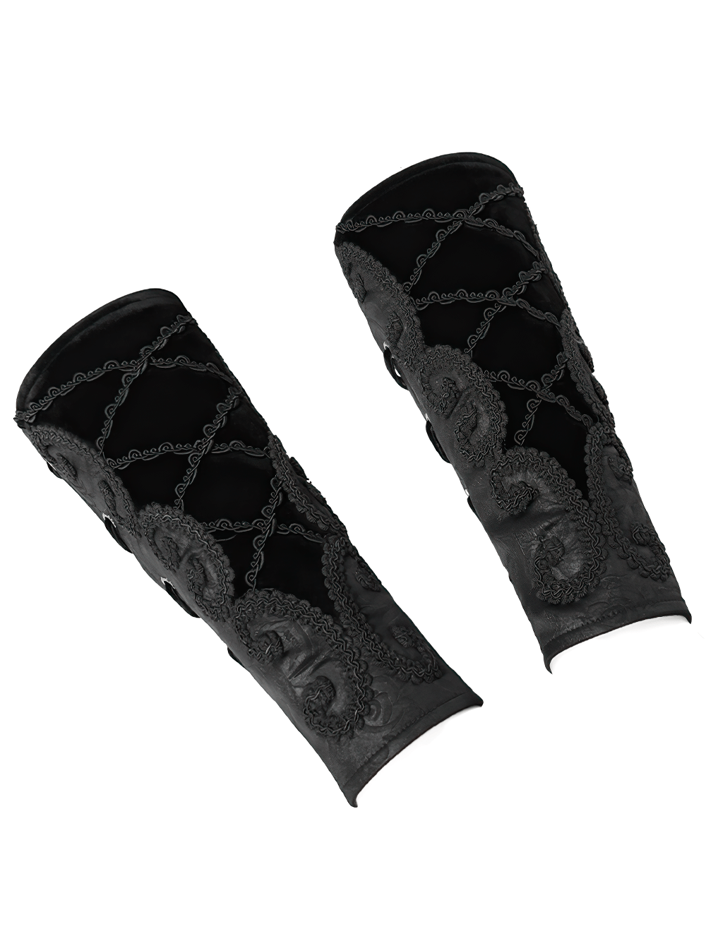 Elegant Gothic black velvet arm warmers with lace-up design and intricate baroque embroidery.