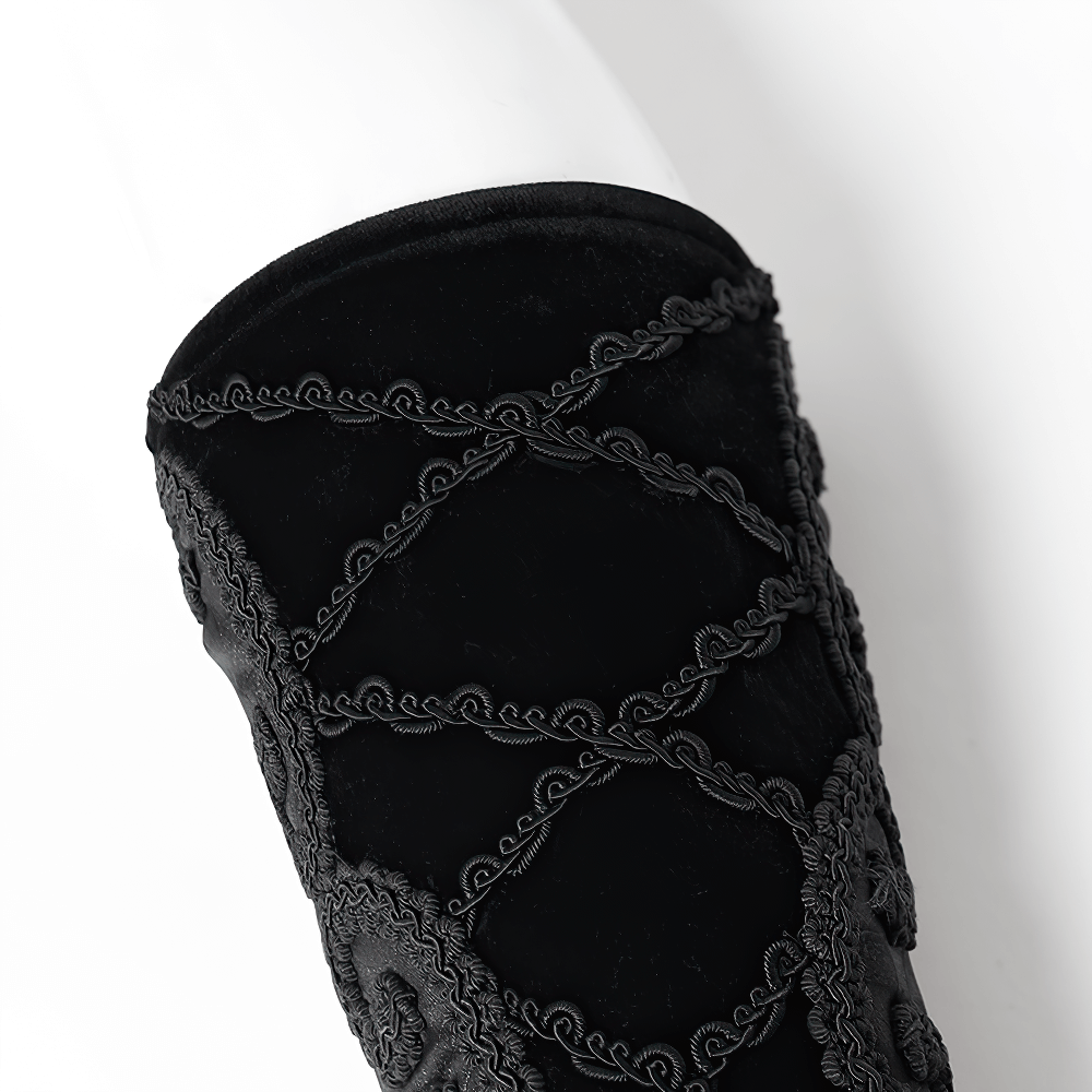 Elegant black velvet arm warmer with baroque embroidery and lace-up detail for gothic fashion.