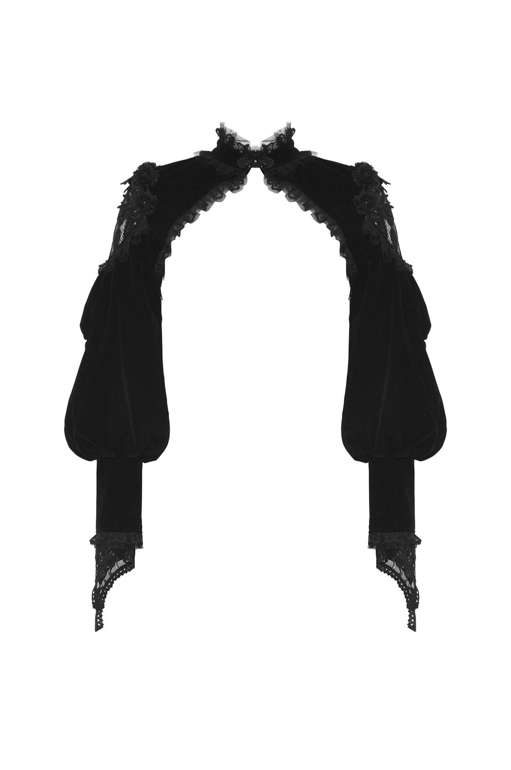 Elegant black velvet bolero with lace trim, perfect for gothic-inspired outfits and special evenings.