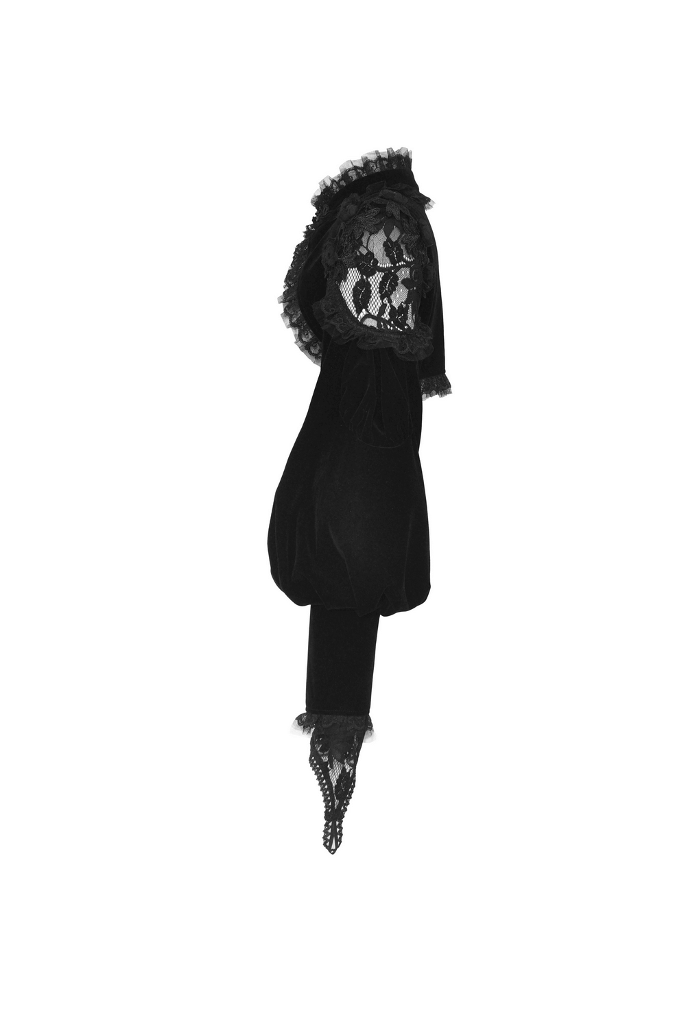 Elegant gothic black velvet bolero with lace trim, perfect for sophisticated outfits and special occasions.