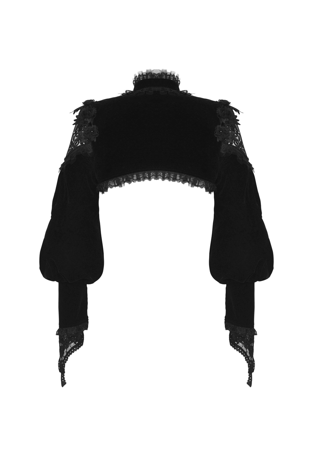 Elegant Gothic black velvet bolero shrug with lace trim and puffed sleeves for a chic evening look.