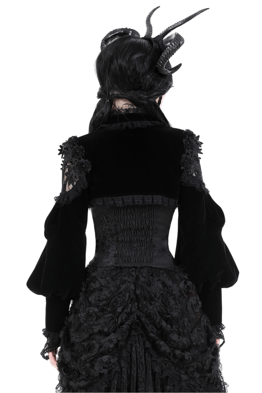 Back view of elegant gothic black velvet bolero with lace trim, showcasing luxurious design and intricate details.