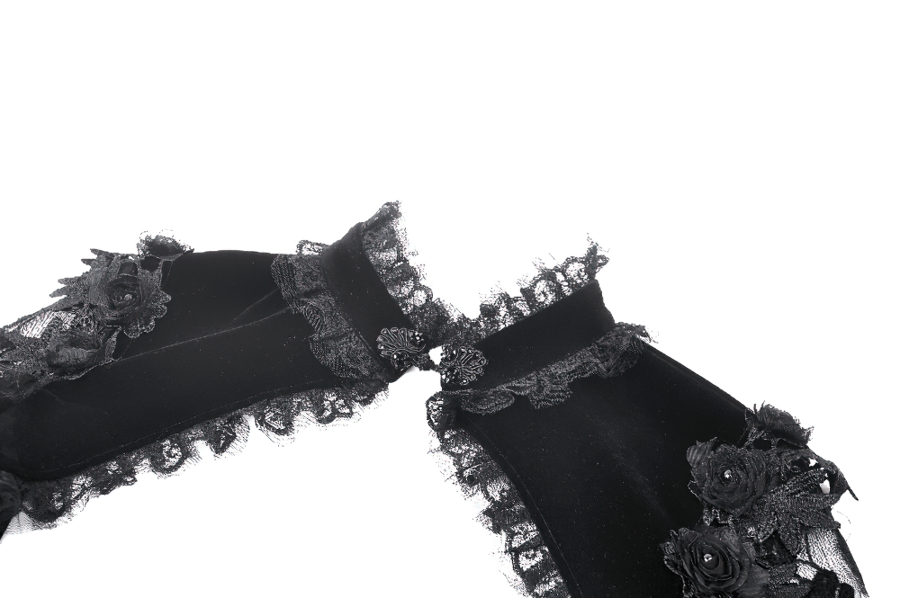 Elegant black velvet bolero with intricate lace trim and floral details for a gothic touch.