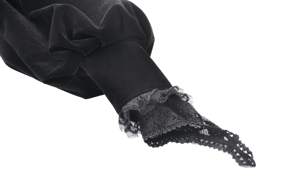 Close-up of elegant black velvet bolero sleeve with intricate lace trim, perfect for gothic-inspired fashion.