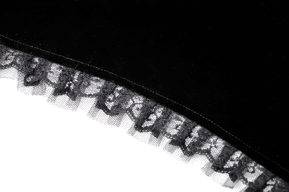 Close-up of black velvet bolero lace trim, showcasing luxurious gothic elegance and intricate details.