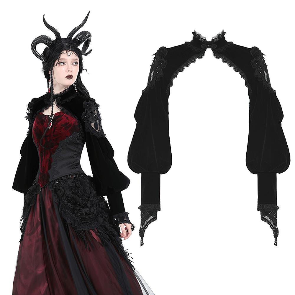 Elegant gothic black velvet bolero with lace trim, perfect for chic evening wear.