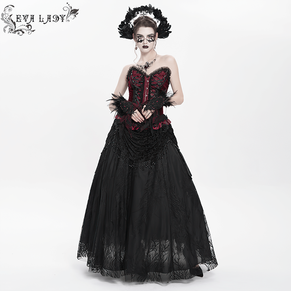 Elegant gothic woman in black velvet and lace gown with intricate beading, perfect for alternative fashion and dark romantic vibes.