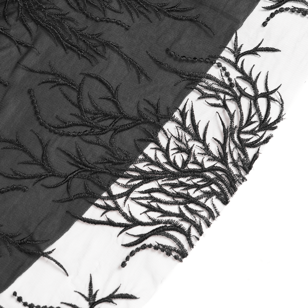 Elegant black velvet lace skirt featuring intricate floral embroidery and beaded details, perfect for gothic style.