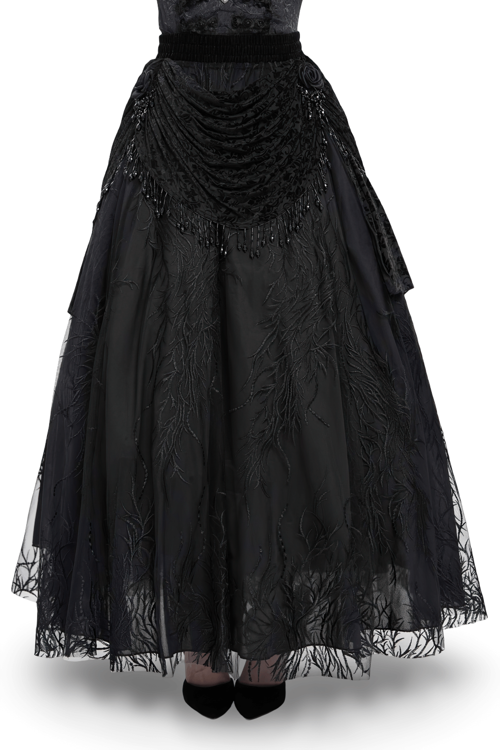 Elegant black velvet lace maxi skirt with floral embroidery and beaded drapes for gothic and alternative styles.