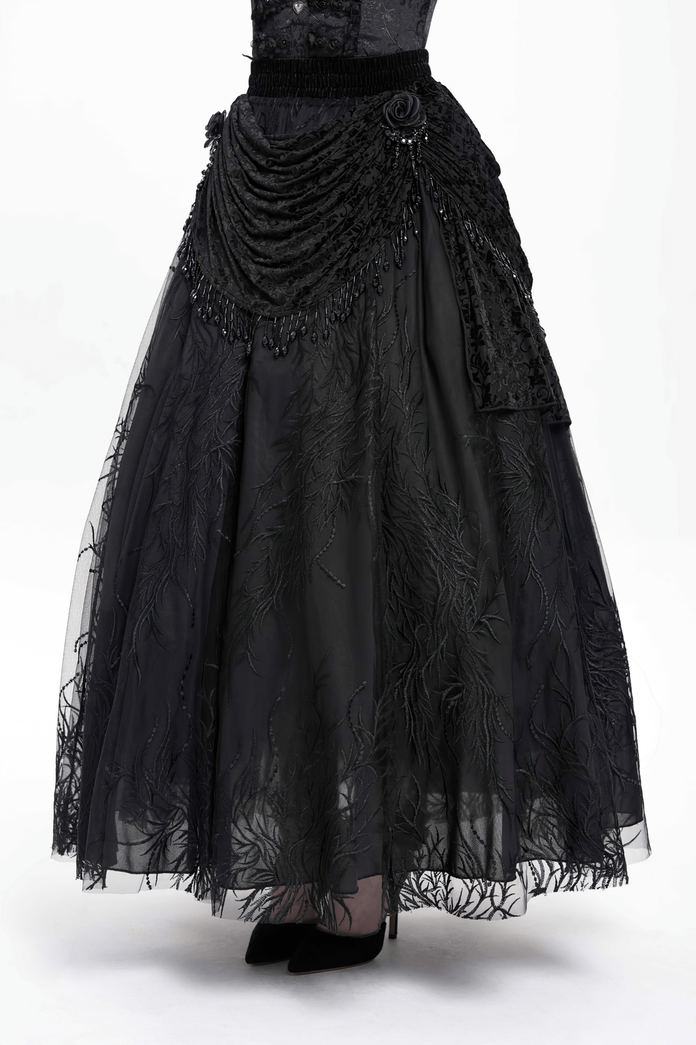 Elegant black velvet lace skirt with beaded drapes and floral embroidery, perfect for Gothic and alternative styles.