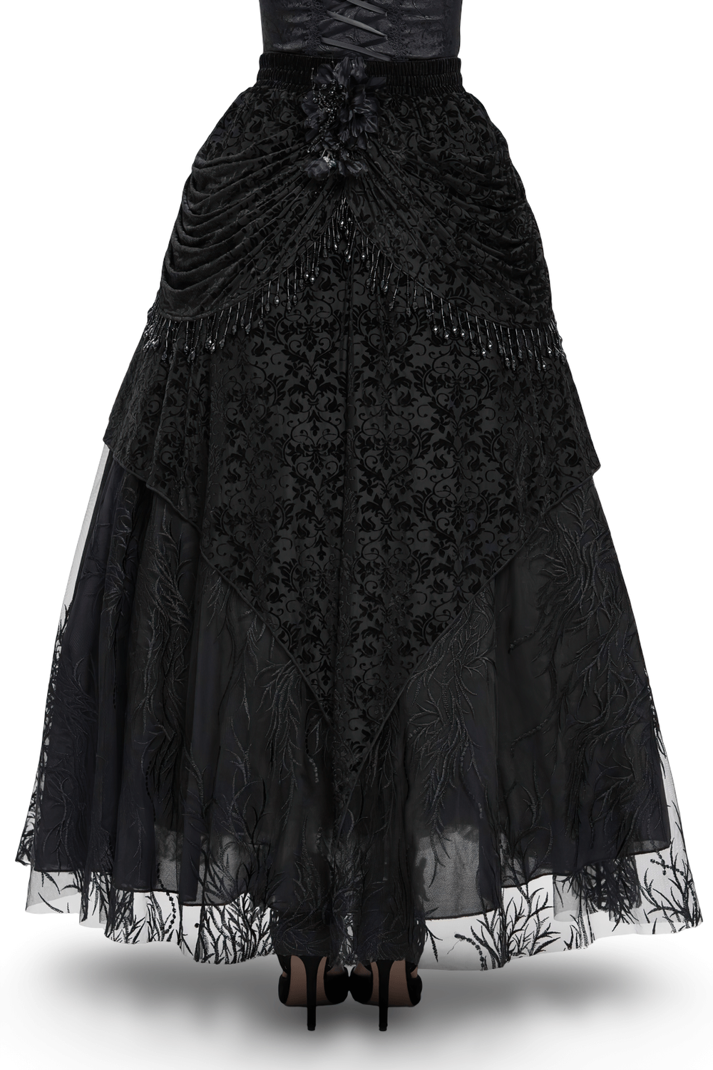 Elegant black velvet lace maxi skirt with floral embroidery and beaded drapes, perfect for gothic fashion.