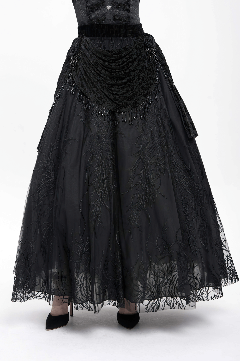 Elegant Gothic black velvet skirt with floral embroidery and beaded drapes, perfect for dark romantic styles.