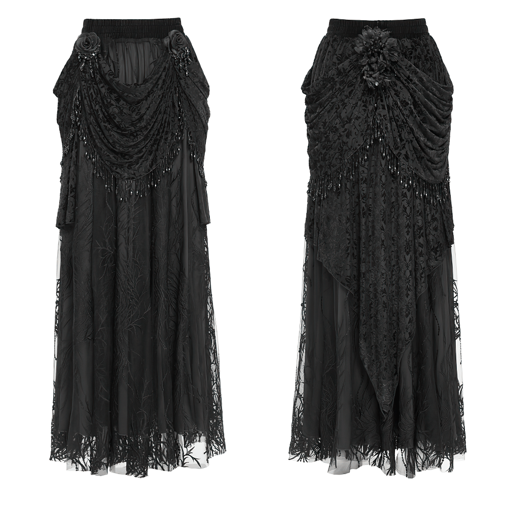 Elegant Gothic black velvet lace skirt with beaded drapes and floral embroidery for dramatic style.