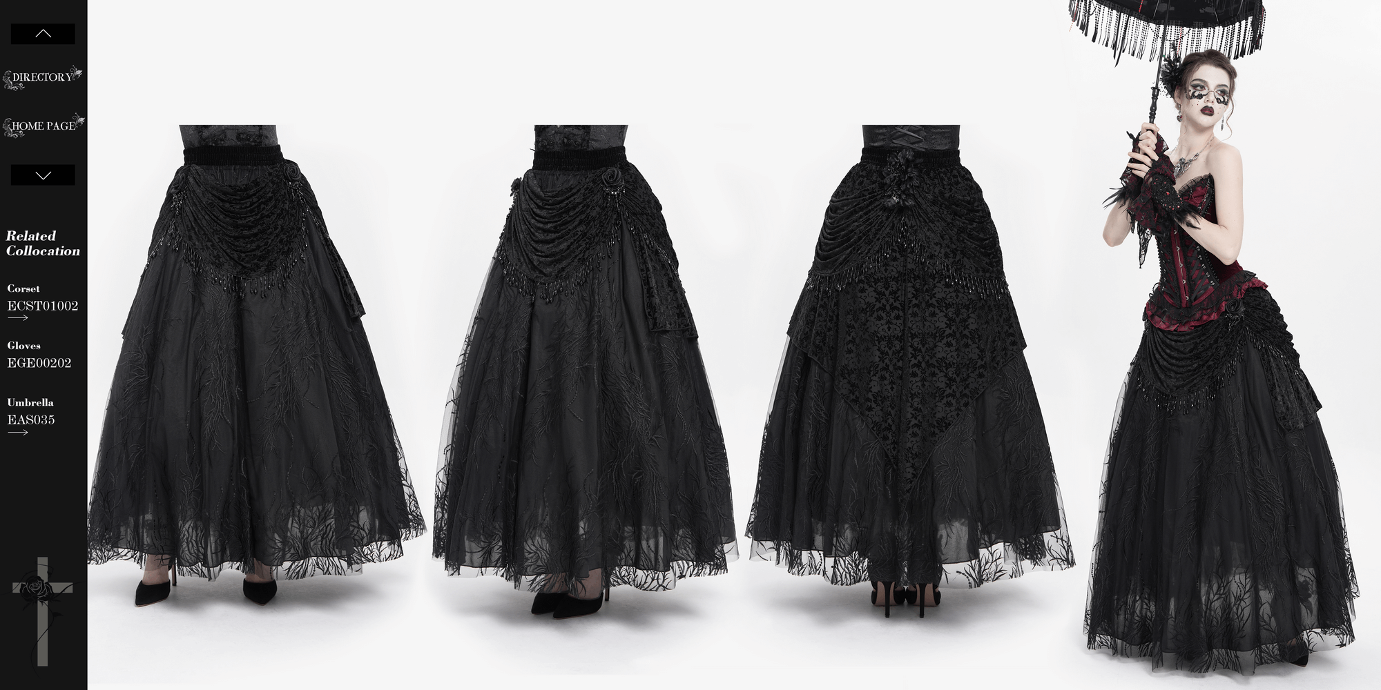 Elegant Gothic black velvet lace skirt with draped beaded panels and floral embroidery, perfect for dark romantic outfits.