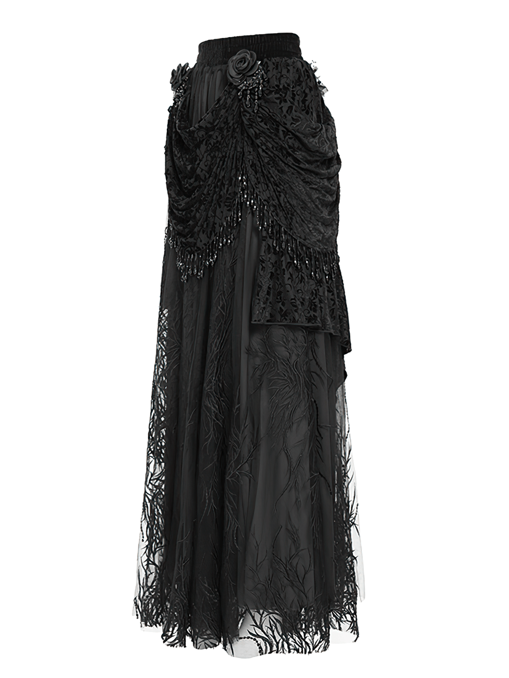 Elegant black velvet lace skirt featuring beaded drapes and floral embroidery for a dramatic gothic look.
