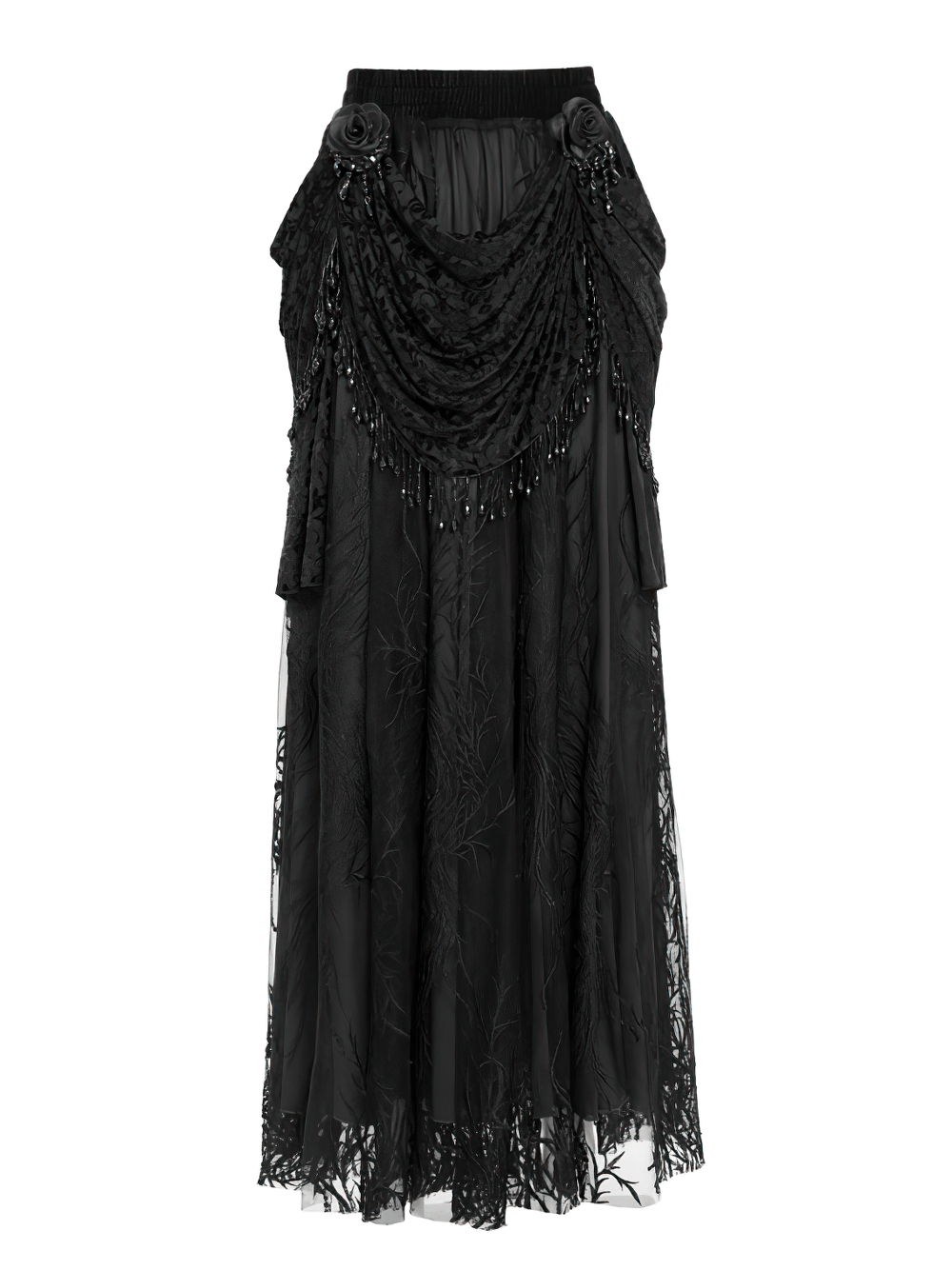 Elegant black velvet lace skirt with beaded drapes and floral embroidery for gothic fashion.