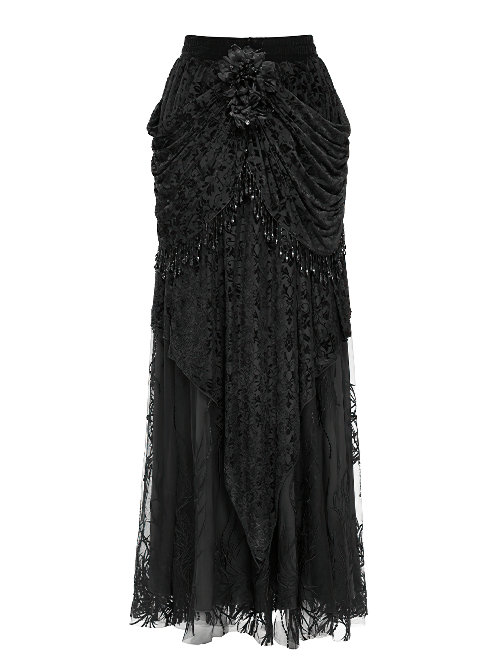 Elegant gothic black velvet lace skirt with beaded drapes, perfect for dark romantic outfits.