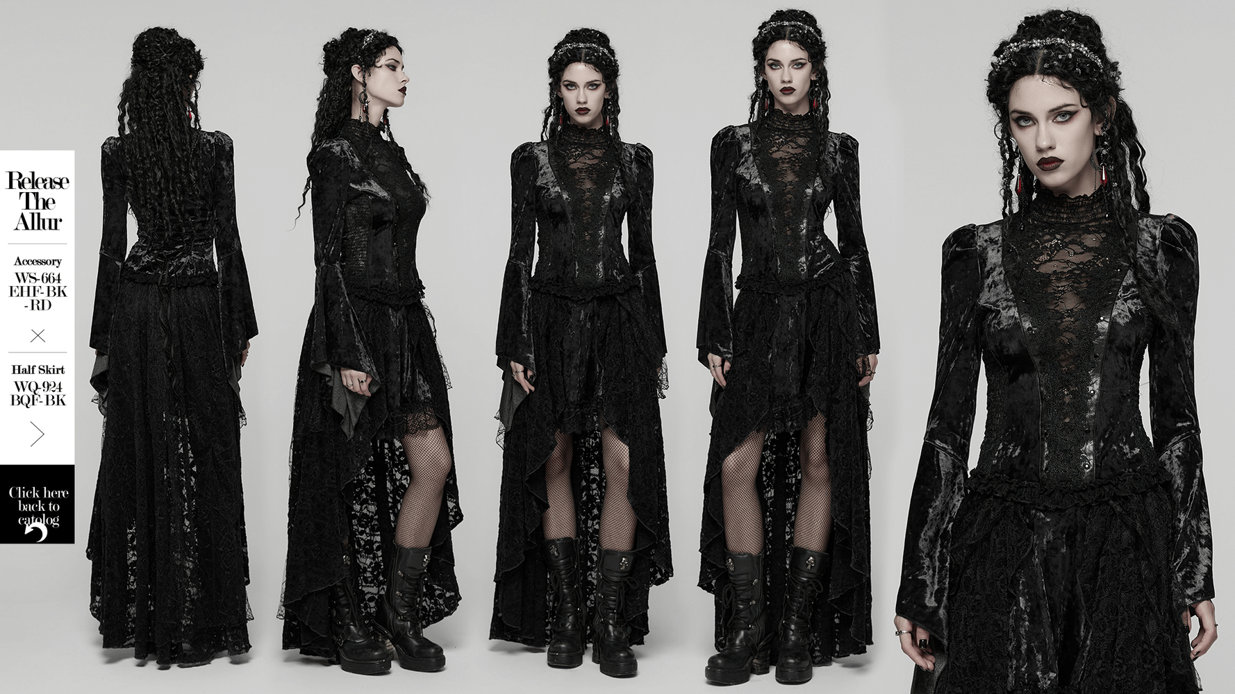 Elegant Gothic Black Velvet Lace Top with Flared Sleeves showcased in various angles, featuring lace details and a dramatic silhouette.