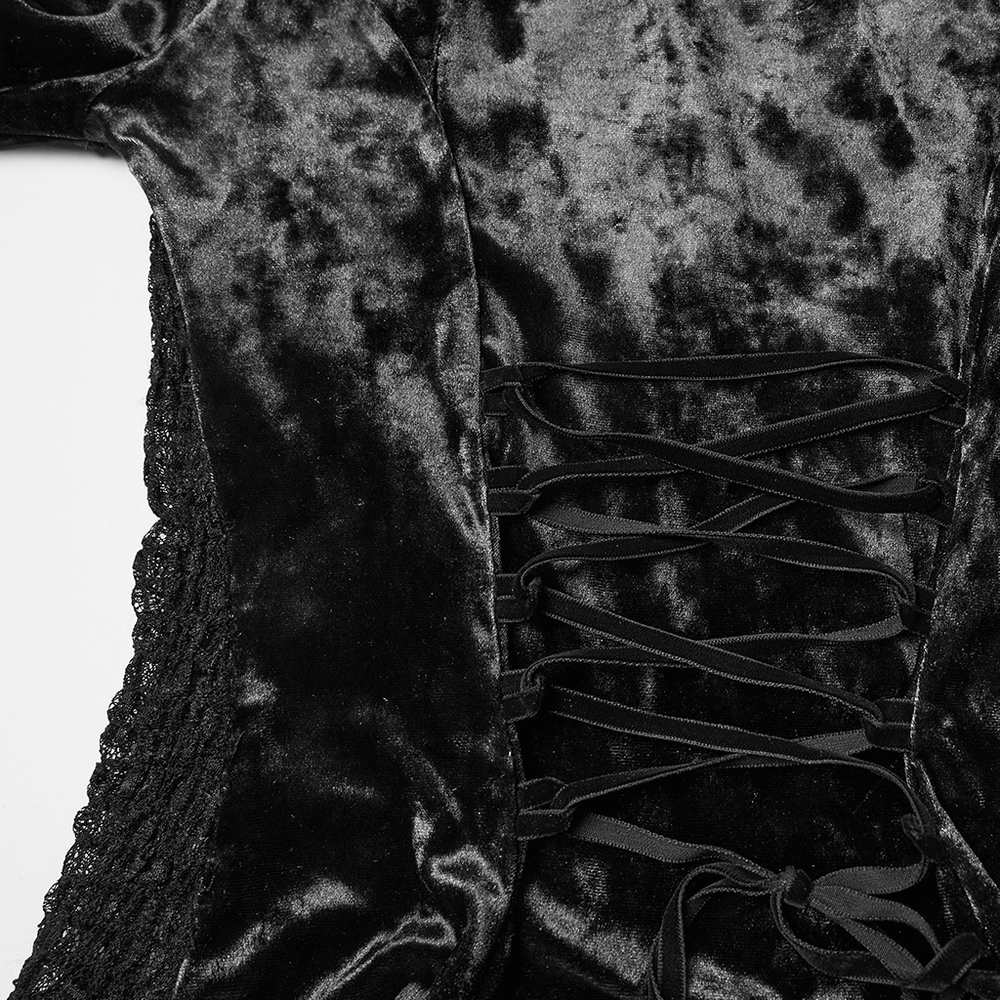 Elegant Gothic Black Velvet Lace Top with Flared Sleeves showcasing soft velvet fabric and intricate lace detailing.