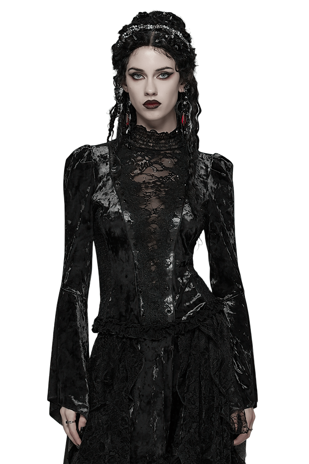 Elegant Gothic Black Velvet Lace Top with Flared Sleeves, featuring lace and gemstone trim for a stunning gothic look.