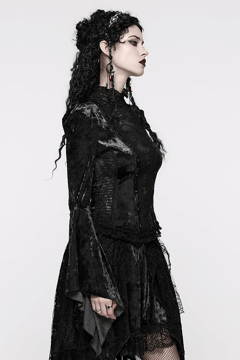 Elegant Gothic Black Velvet Lace Top with Flared Sleeves on model showcasing gothic style and dramatic silhouette.