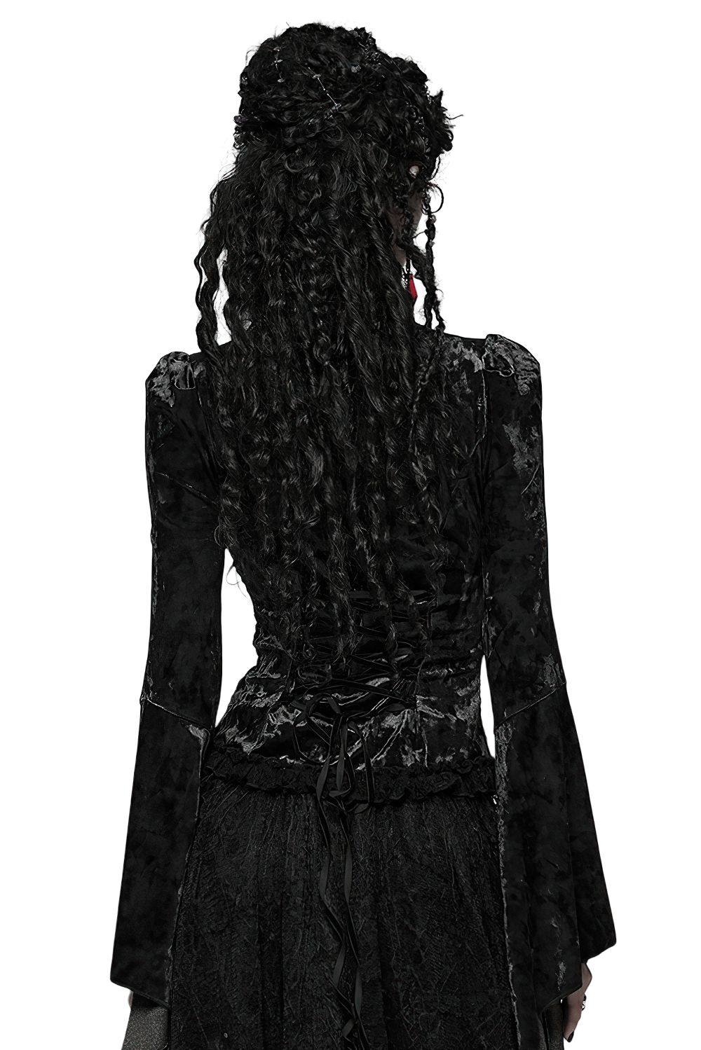 Elegant Gothic Black Velvet Lace Top with Flared Sleeves - Back View Showcasing Intricate Lace and Velvet Details