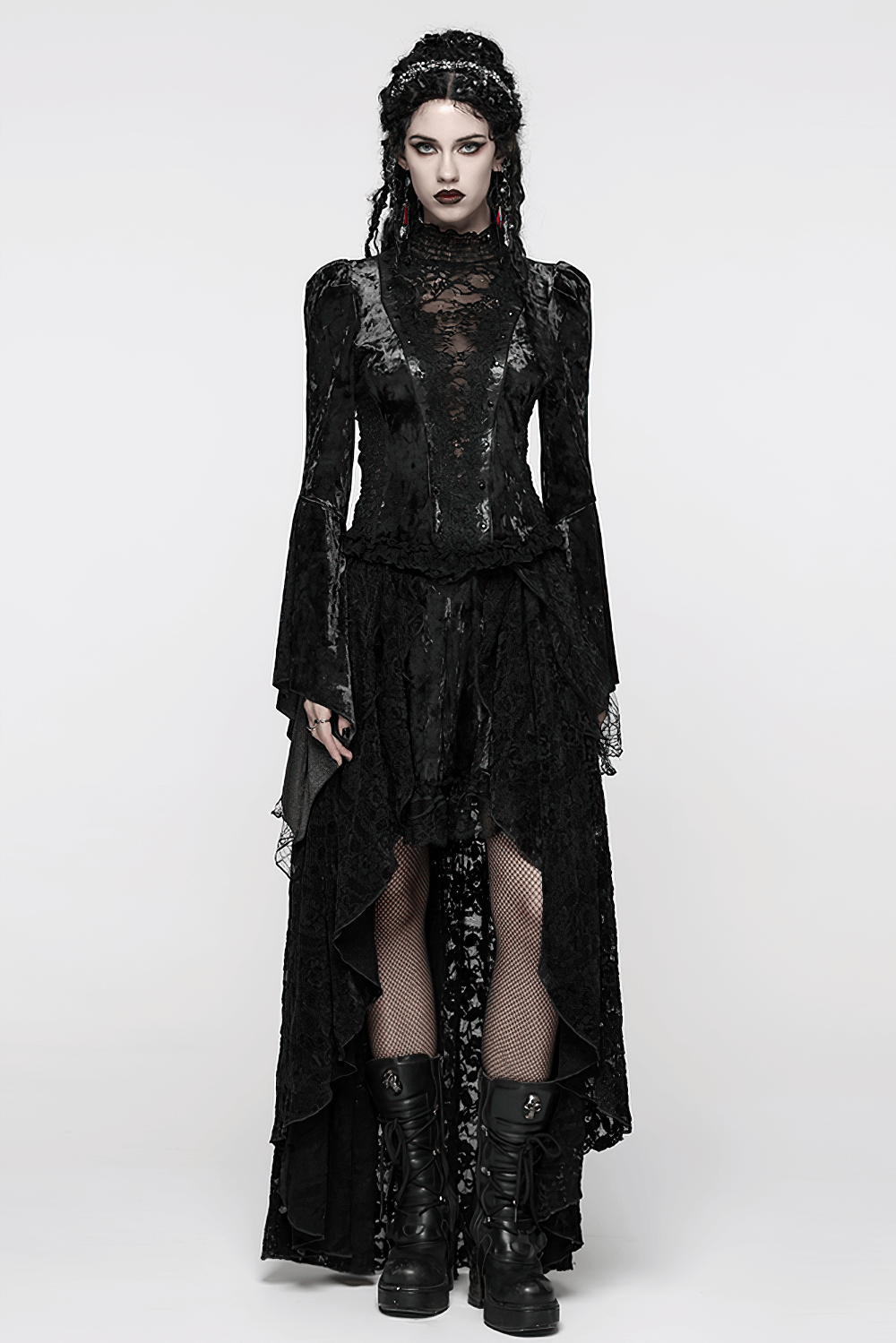 Elegant Gothic Black Velvet Lace Top with Flared Sleeves, featuring intricate lace and gemstone details for a dramatic look.