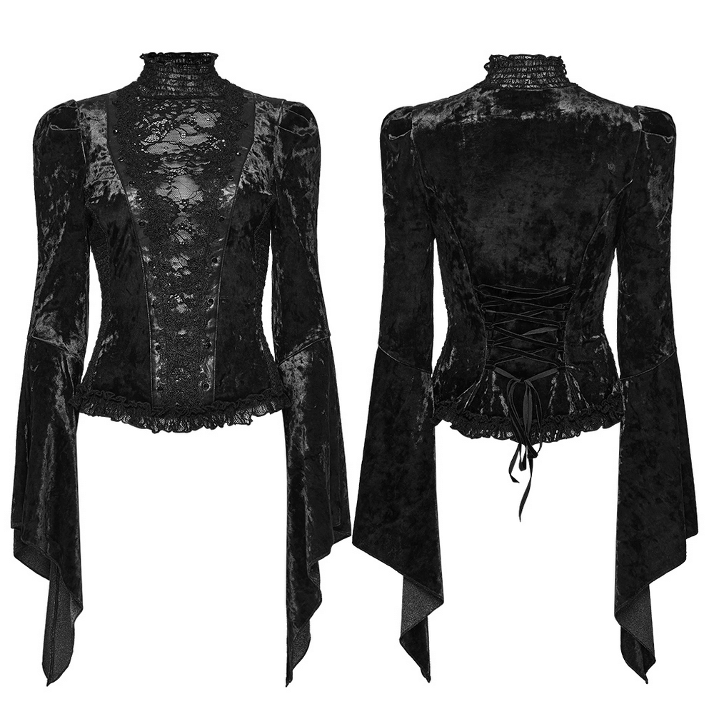 Elegant Gothic Black Velvet Lace Top with Flared Sleeves showcasing intricate lace and velvet design.