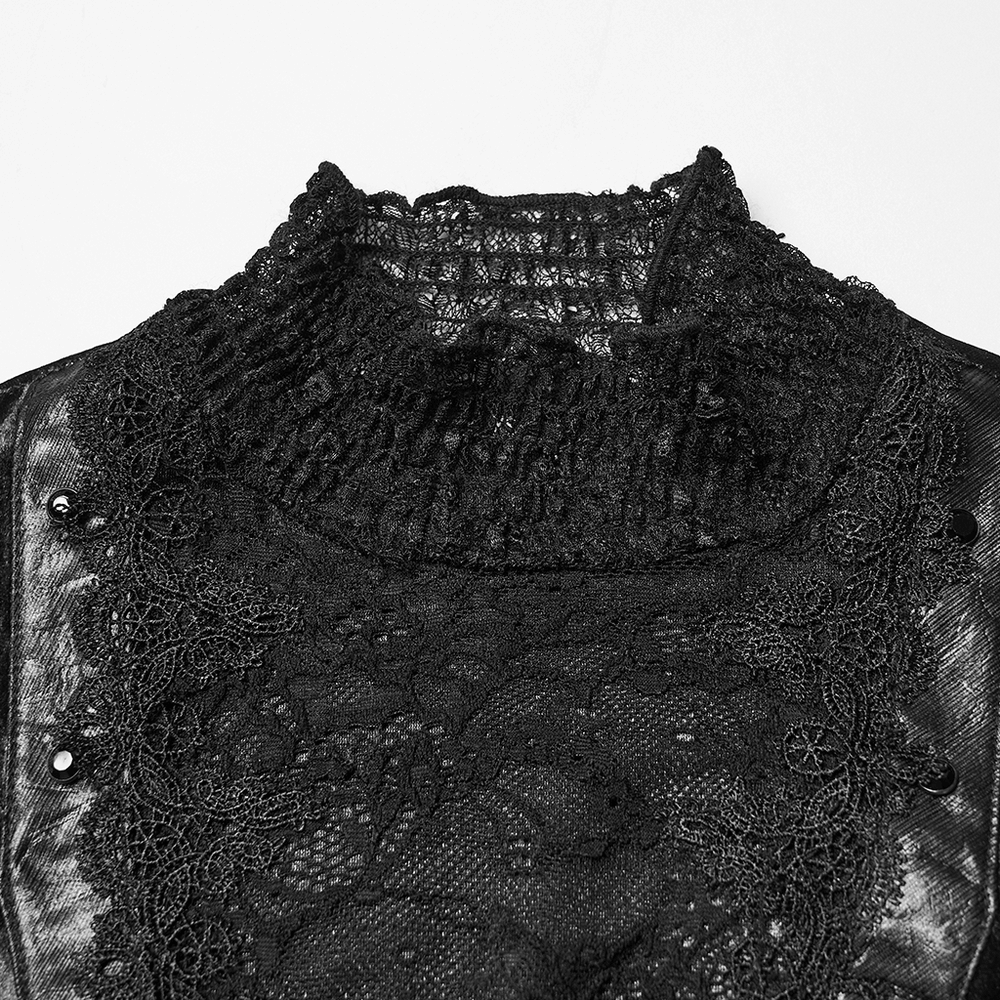 Elegant Gothic Black Velvet Lace Top with Flared Sleeves showcasing stunning black lace and a high collar detail.